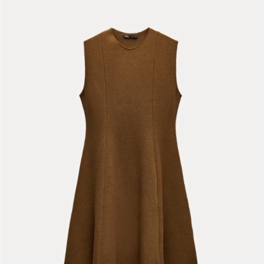 Brown Pleated Mini Sheath Dress Sleeveless Mock Neck